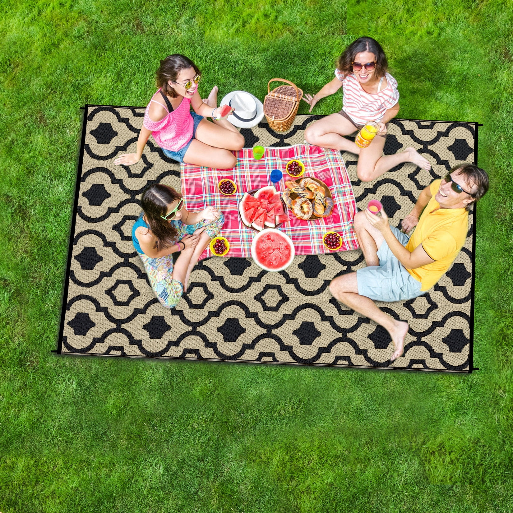 GlowSol 9'x12' Outdoor Rug Moroccan Style Plastic Straw Rug Waterproof Reversible Mat Outdoor Foldable Rug for Camping Patio Picnic, Black Coffee