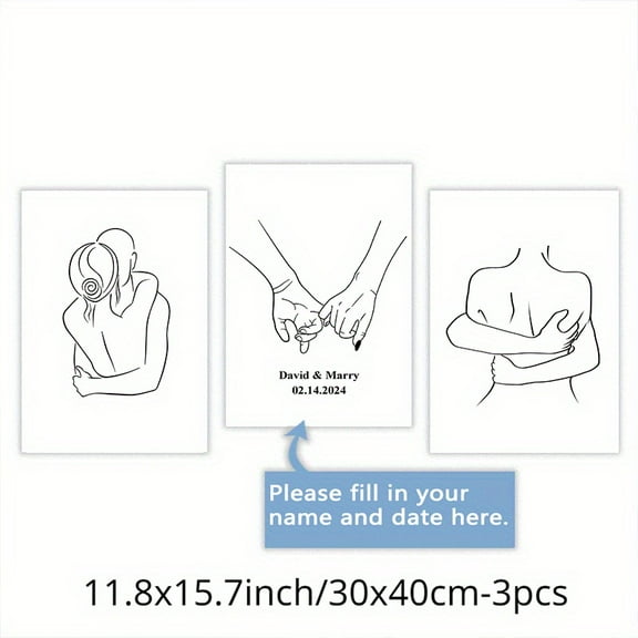 3 Personalized Couple Canvas Poster Wall Art, Romantic Art Line Couple Customized Name and Date Poster Home Decoration, Anniversary Valentine's Day Gift and Decoration, Frameless