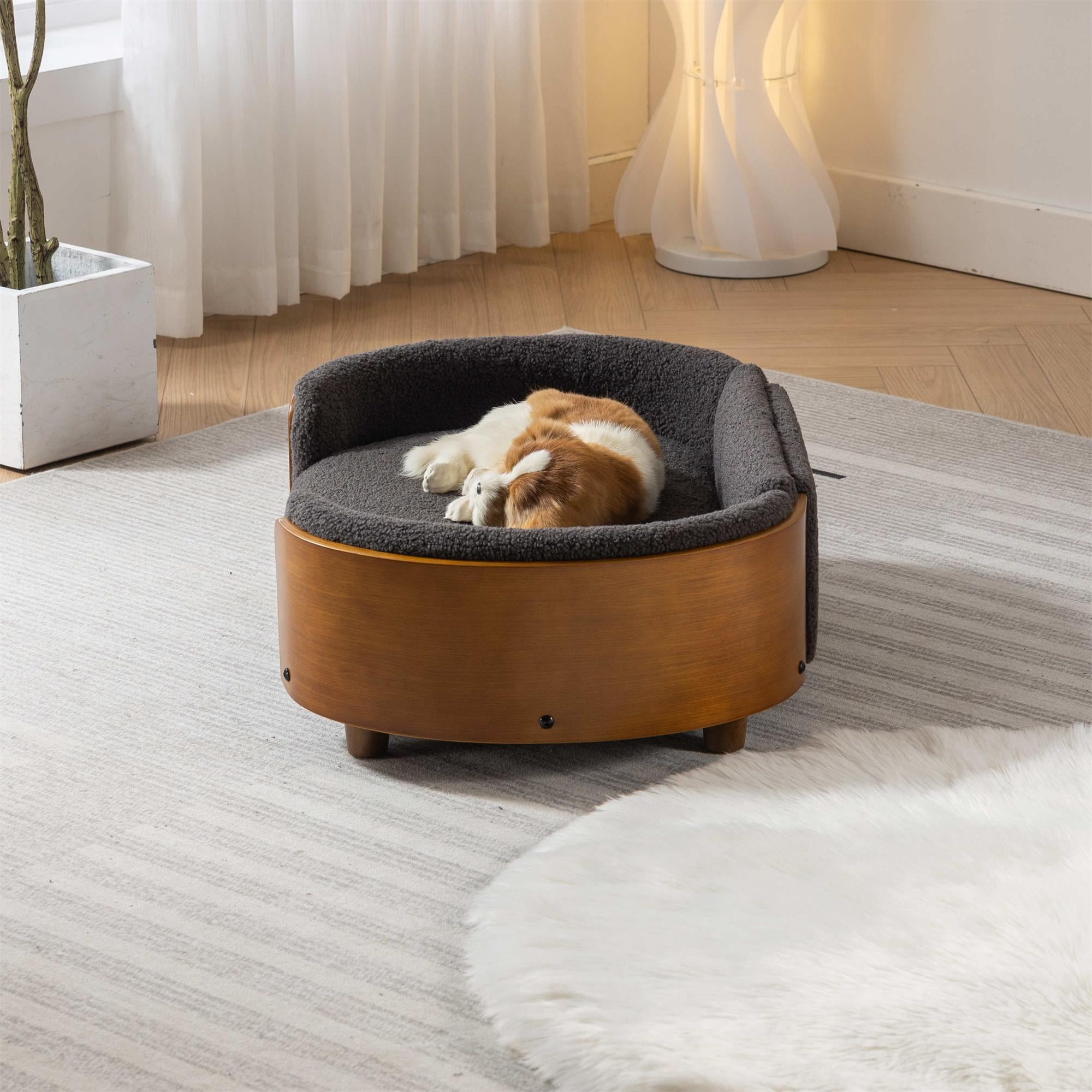 Pefilos 30" Elevated Pet Dog Bed with Solid Wood Legs and Walnut Bent Wood Back, Cashmere Cushion, Pet Sofa for Indoors Dogs, Gray Pefilos 30" Elevated Pet Dog Bed with Solid Wood Legs and Walnut Bent Wood Back, Cashmere Cushion, Pet Sofa for Indoors Dogs, Gray
