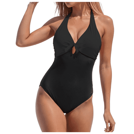 Fulorrnie One Piece Swimsuit for Women High Waisted Adjustable Straps Halter Neck Deep V Bathing Suit Low Back Support Swimwear  Black  XL