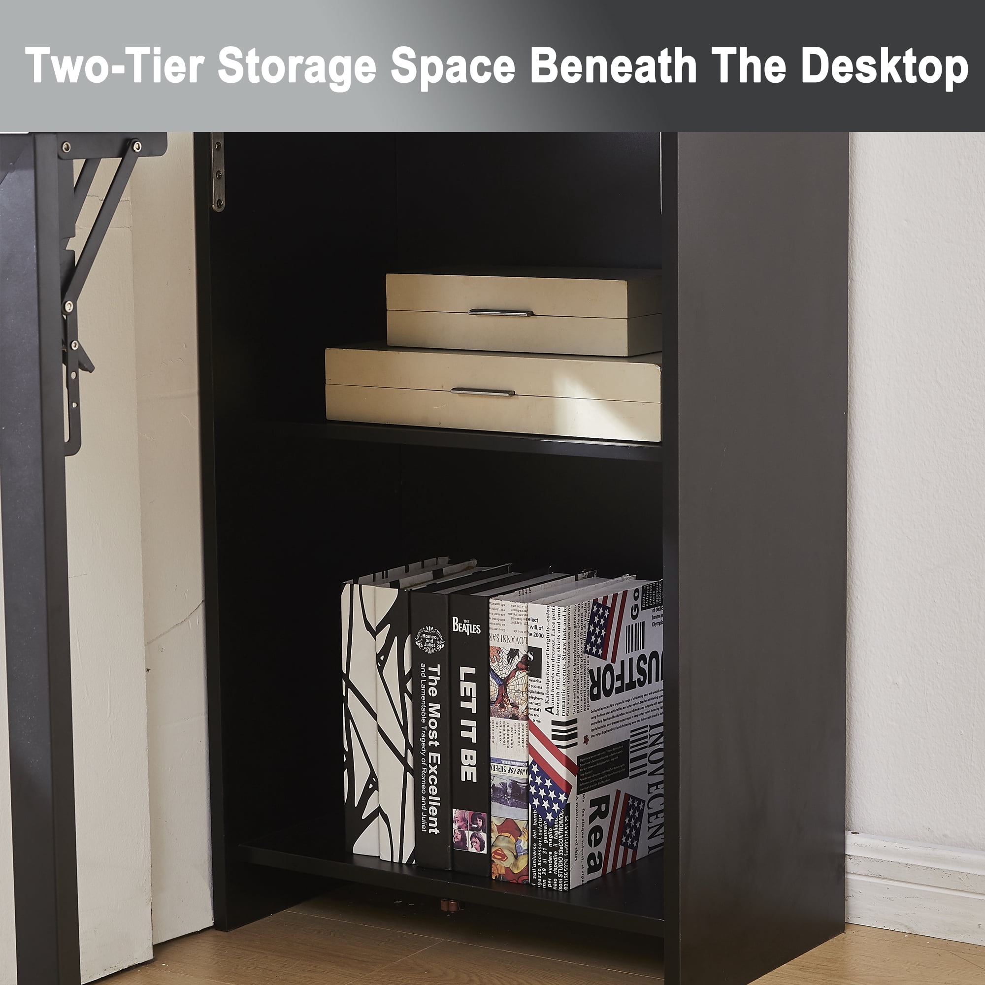 Haooyeah 37" Foldable Storage Desk with Charging Station, Space-Saving Desk with Raised Surface, Multi-functional Desk for Home Office, Bedroom, and Small Spaces