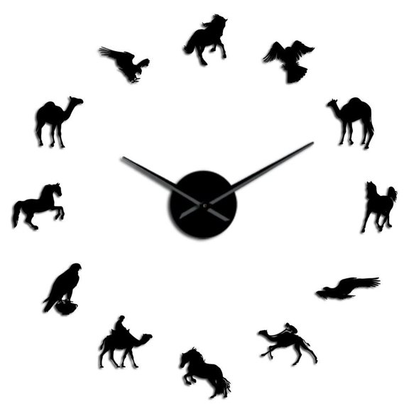 Camel Arabian Horse Equestrian Peregrine Falcon Mixed Wildlife Designs DIY Wall Clock Dessert Animals Wall Art Stickers Watch(Black,27inch)