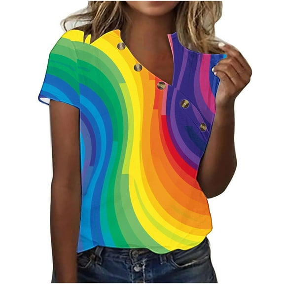 HaoXianJian Plus Size Womens Shirt Short Sleeve Button Crew Neck Shirt Colorful Print Top for Women 2025 Loose Fits T Shirt Summer Tee Shirts Going Out Top 4X 5X