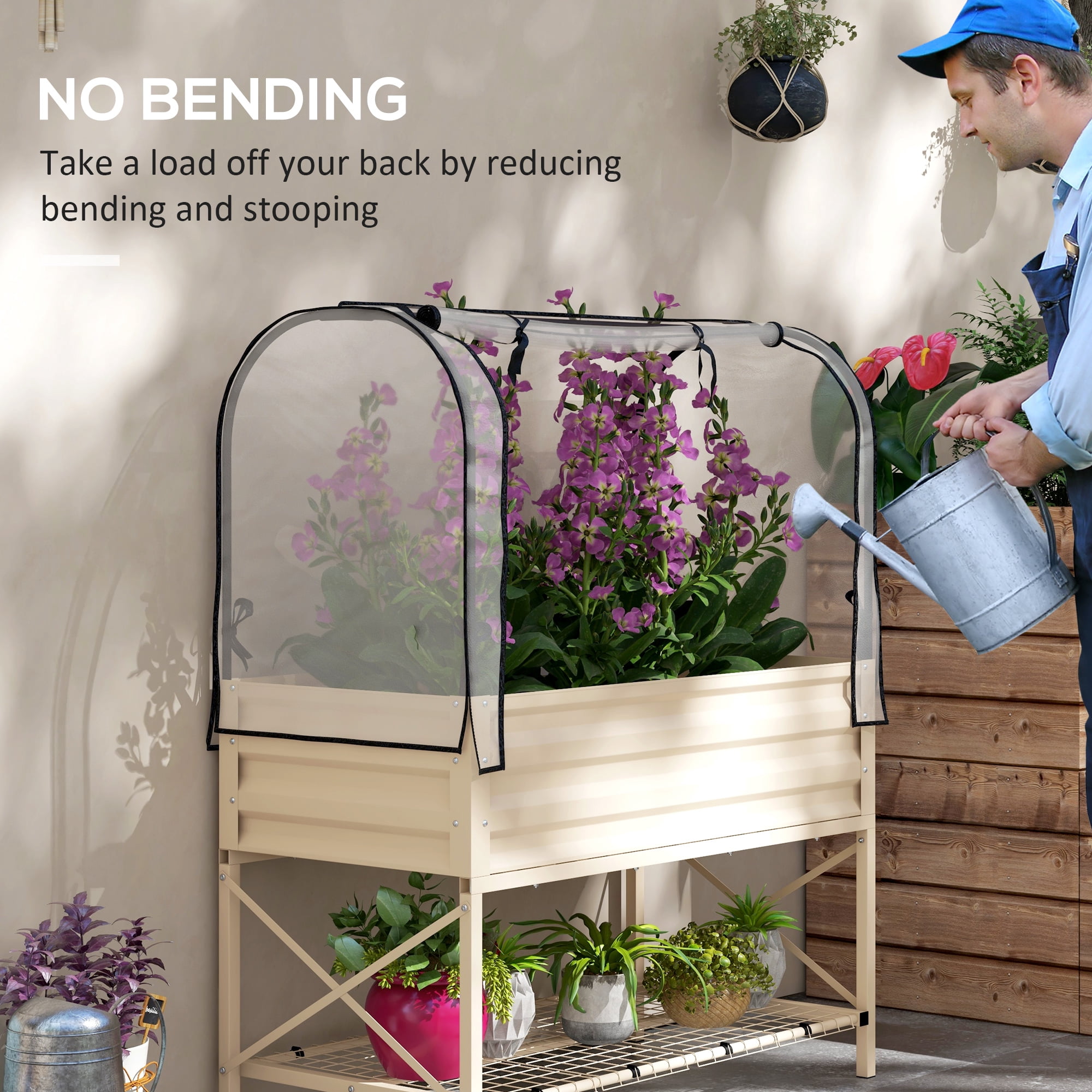 Outsunny Raised Garden Bed with Cover and Storage Shelf, Rectangular Metal Elevated Planter Box with Legs and Bed Liner, Cream