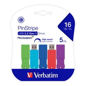 Verbatim 16GB PinStripe USB 3.2 Gen 1 Flash Drive – 5pk – Assorted