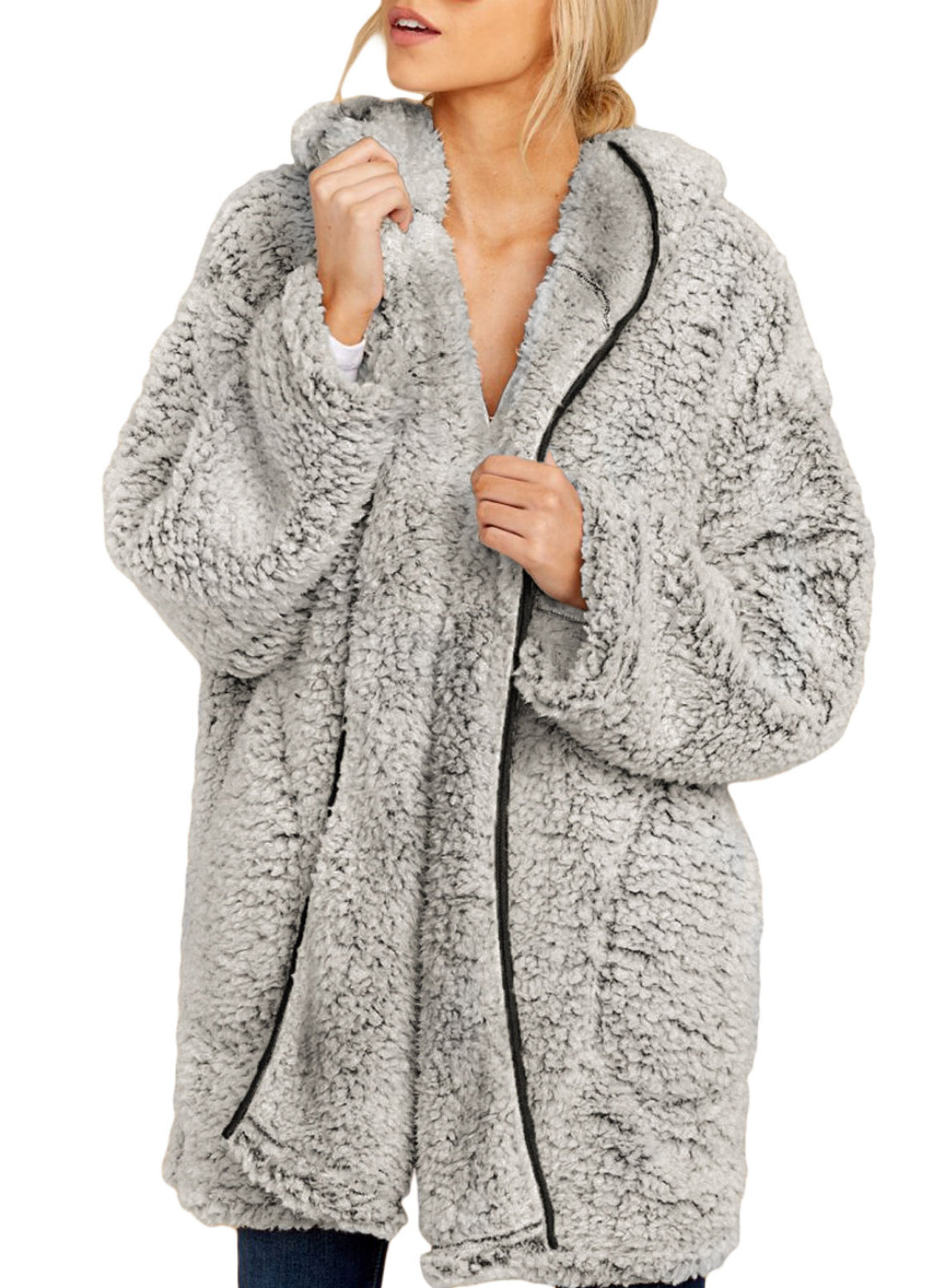 Chase Secret Women Long Sleeve Solid Open Front Hooded Cardigan Outwear Fleece Jacket with Pocket