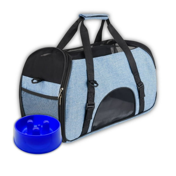 Mochila Transportadora Duke's Bolsa Azul Mascota + Plato de Alimentación Lenta