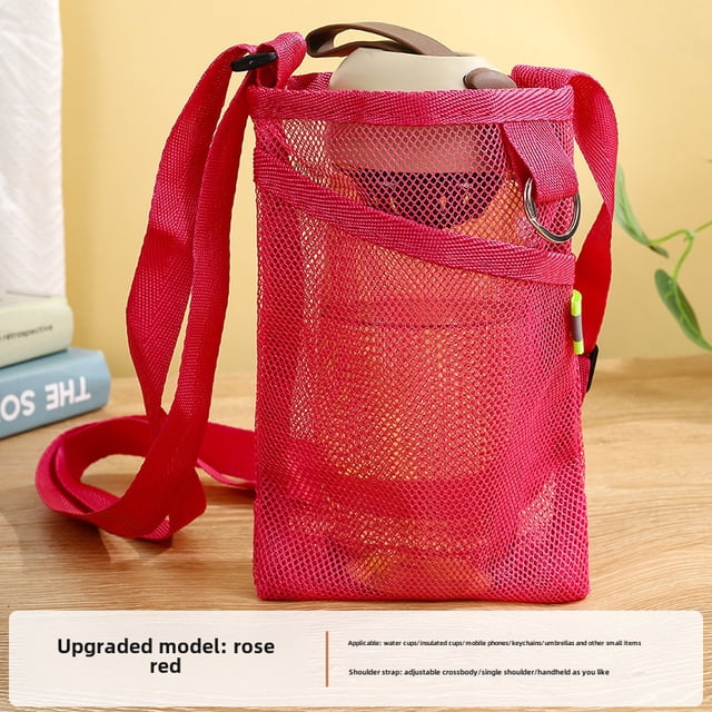 Kids' Portable Water Bottle Sling Bag with Phone & Key Pockets - Durable Lightweight Mesh Pouch for Outdoor Sports, Travel & Daily Use, Compact 20x14x1CM Design, Rose Red