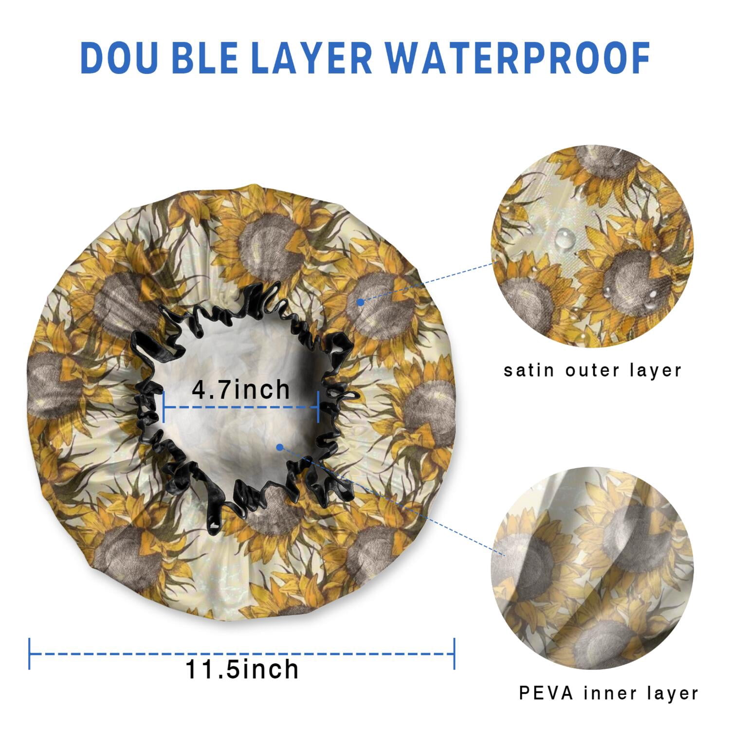 Shower Caps,Beige Sunflower Pattern Waterproof Shower Cap for Women 4 Pieces,Double Reusable Hair Cover for Shower PEVA Elastic Stretch Hem
