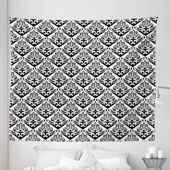 Acanthus Tapestry, Continuous Pattern with Victorian Classical Gothic Motif, Fabric Wall Hanging Decor for Bedroom Living Room Dorm, 5 Sizes, Charcoal Grey and White, by Ambesonne