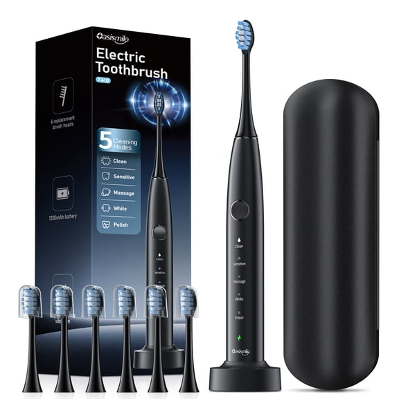 OasiSmile Sonic Electric Toothbrush Set for Adults with Travel Case, 6 Brush Heads, 100-Day Battery Life, 5 Modes 42000 VPM Rechargeable Power Toothbrush, Black