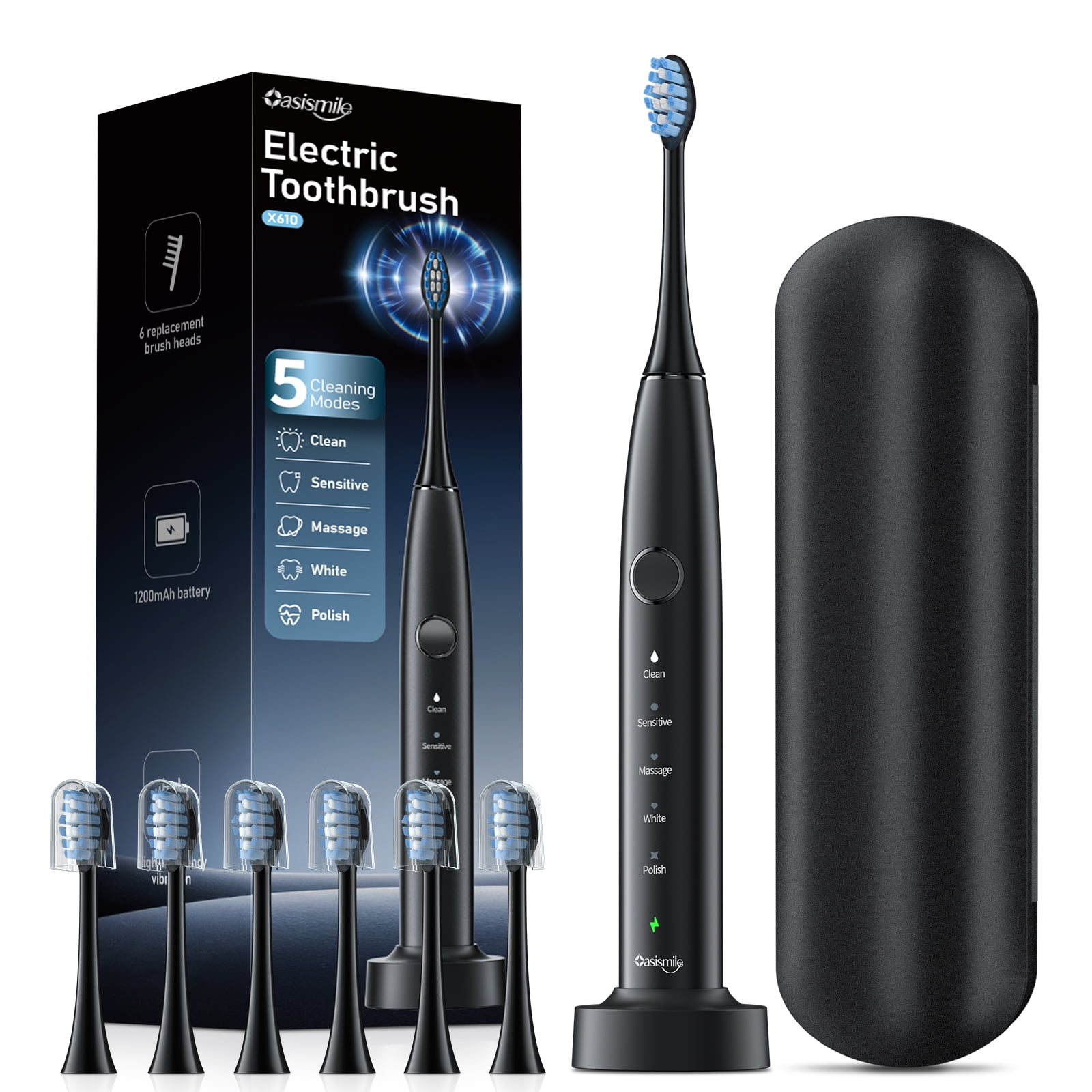 OasiSmile Sonic Electric Toothbrush Set for Adults with Travel Case, 6 Brush Heads, 100-Day Battery Life, 5 Modes 42000 VPM Rechargeable Power Toothbrush, Black