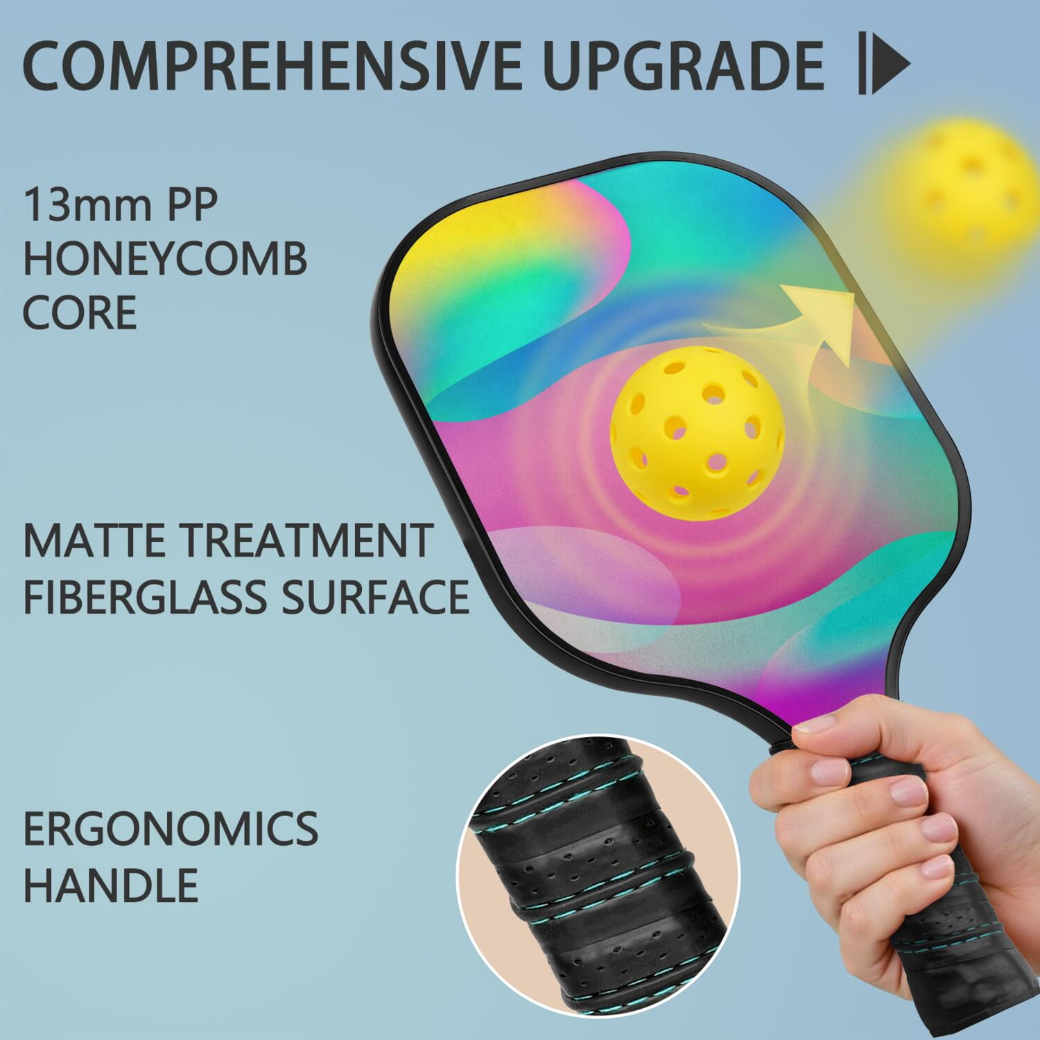 Pickleball Paddles Set Of 2, Fiberglass Surface, Neon Fluid Print, 4 Balls & Bag