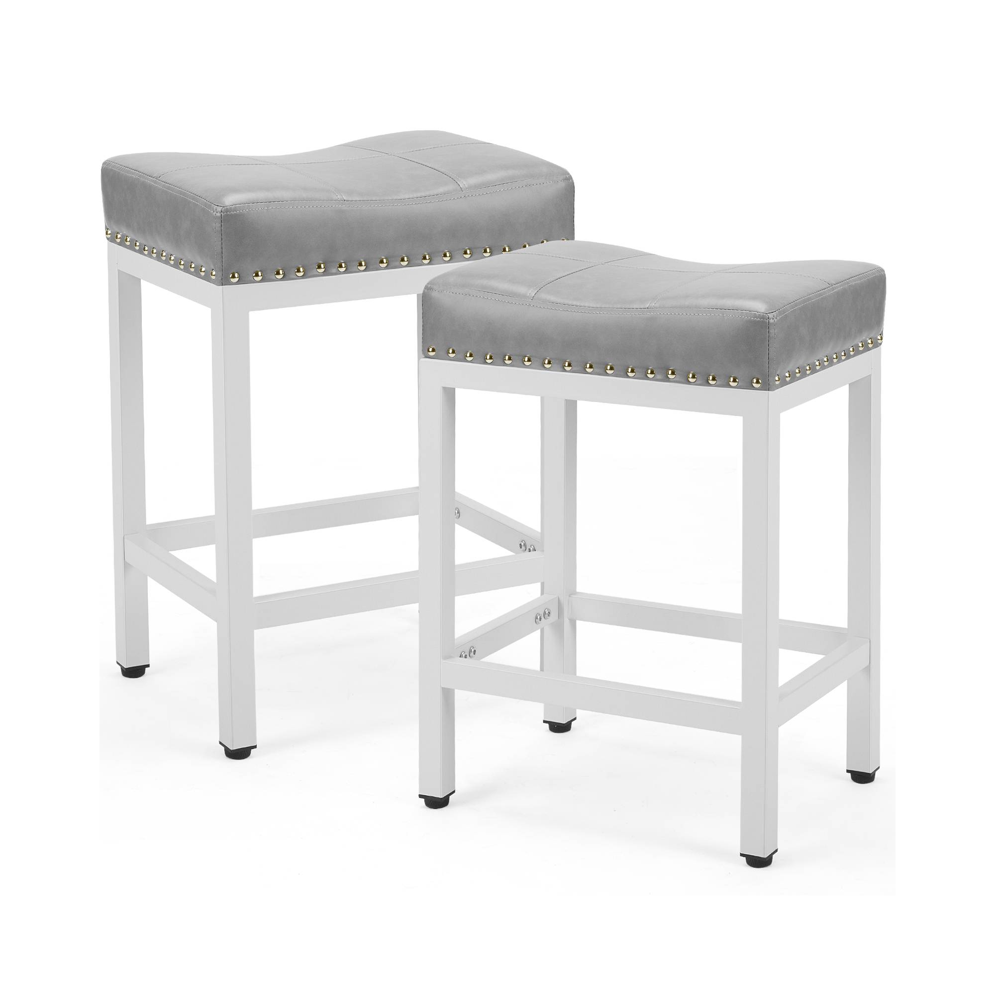 24 inch Saddle Bar Stools Set of 2 Leather Counter Height Bar Stools for Kitchen Island PU Sadless Stools Chair with Metal Footrest, Grey