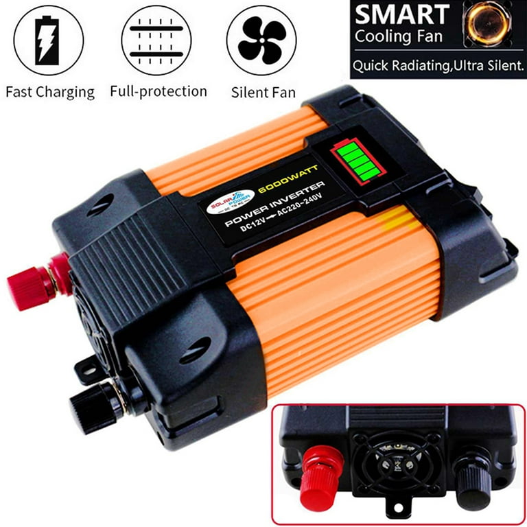 Tomshoo Modified Sine Inverter High Frequency 6000W Peak Power Inverter DC to AC Converter Car Power Inverter with 2.1A Dual USB Port Battery Clips