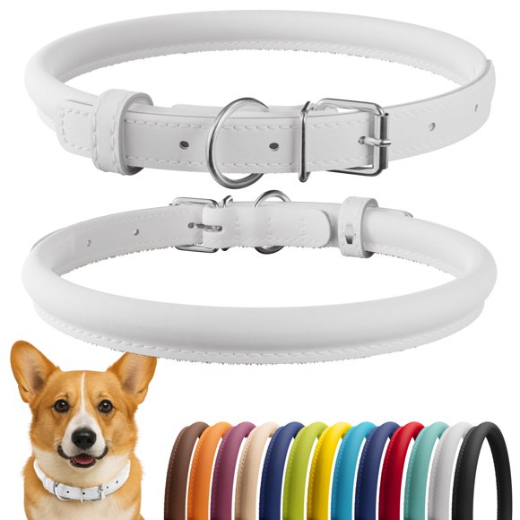 CollarDirect Rolled Leather Dog Collar Soft Padded Round Puppy Collar Handmade Genuine Leather Collar Dog Small Large Cat Collars 13 Colors (11-14 Inch White Smooth)