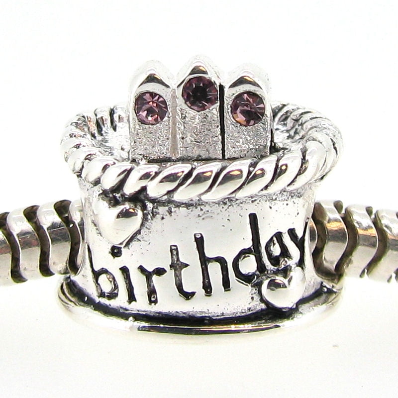 Queenberry Sterling Silver Birthday Cake Purple Simulated June Birthstone Round European Bead Fits Pandora European Charm Bracelets