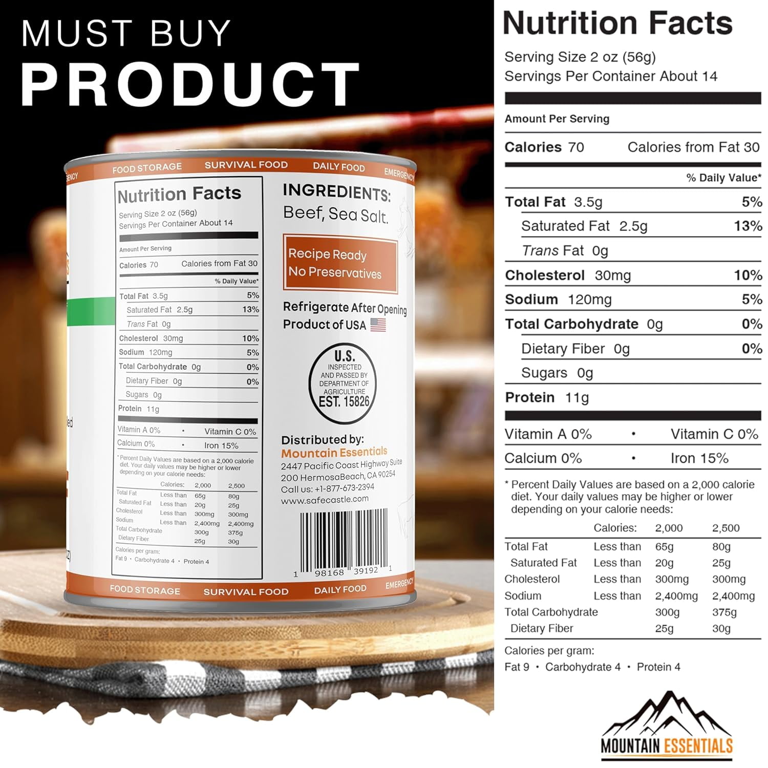 (Pack of 1) MOUNTAIN ESSENTIALS All Natural Fully Cooked Ready to Eat Canned Beef 28 Oz Gluten Free | No Carbs | No Water Added | No Artificial Ingredients