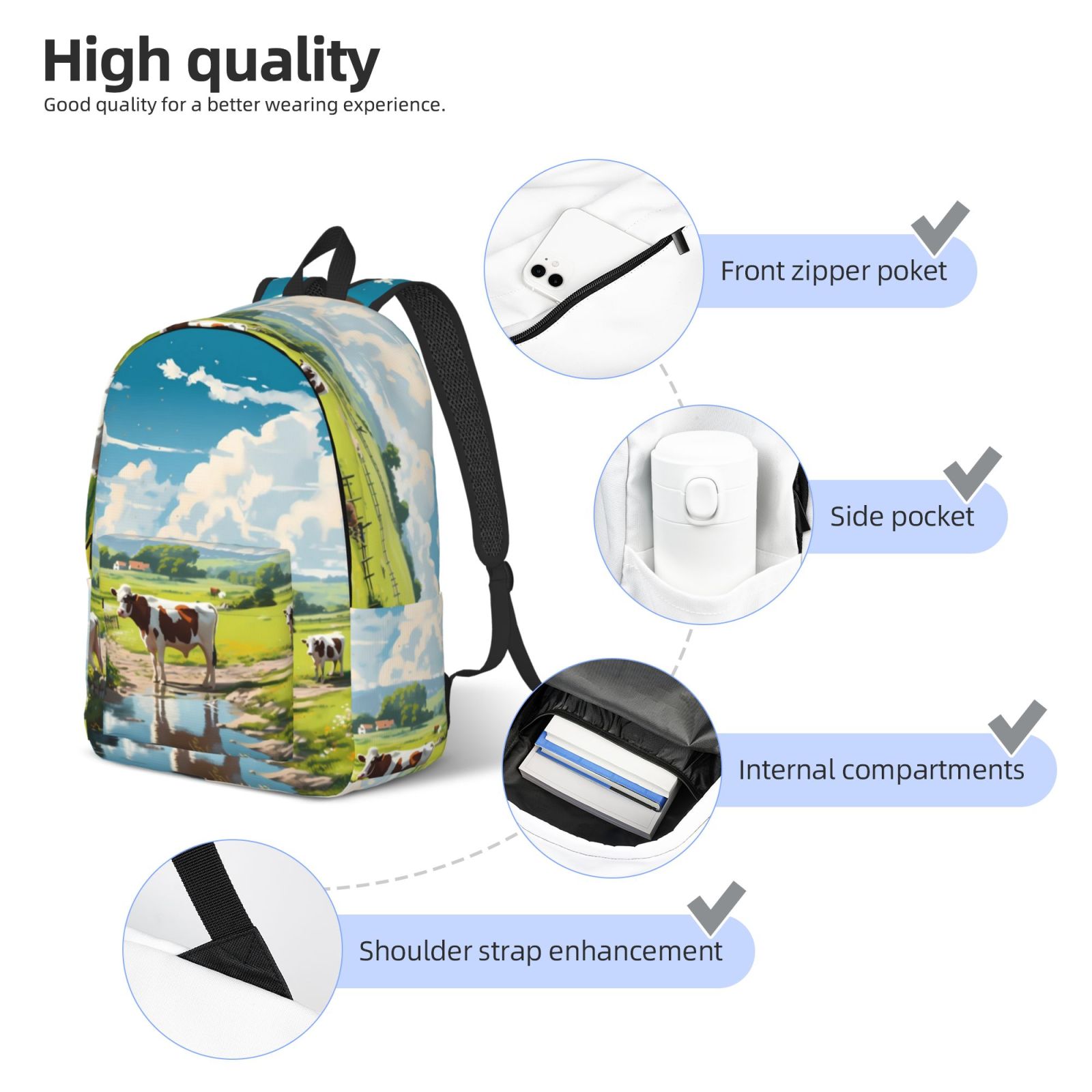 Vsdgher Countryside Farm Cow Print Canvas Backpack Travel Rucksack Unisex Knapsack 15.7/17.7Inch Laptop Backpack for Work,College -Medium