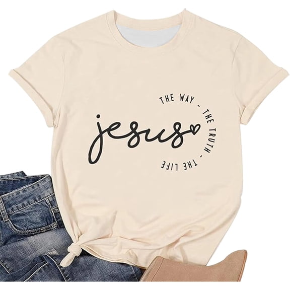 XIAOCHA Women Jesus Quote Graphic T-Shirt Soft Breathable Crew Neck Short Sleeve Casual Daily Wear Top