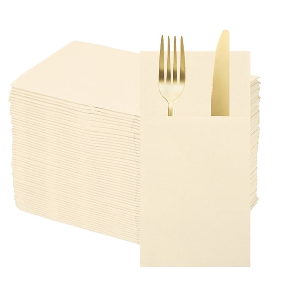 50 Pcs Disposable Linen Feel Napkins with Built-in Flatware Pockets, Paper Dinner Napkins for Knife and Forks Beige