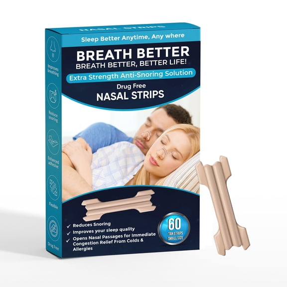 Breath Better Small Tan Nasal Strips, Extra Strength Anti Snoring Solution,Drug-Free,Works Instantly to Improve Sleep, Reduce Snoring,Relief Congestion Caused by Colds & Allergies 60 Pieces