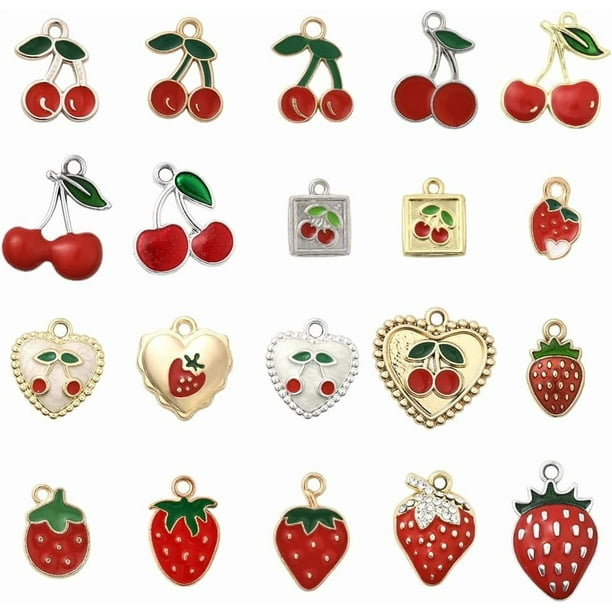 1 caja de 40 colgantes de cereza, fresa y frutos rojos (20 estilos) en aleación de metal dorado y plateado, esmaltados, con forma de corazón y frutas de verano.