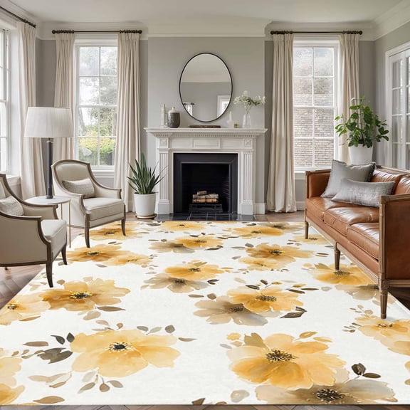 6x9 Area Rugs for Living Room, Yellow Spring Floral Non Slip Area Rugs for Kitchen Bedroom Entryway, Elegant Flowers Summer Botanical Washable Carpet Runner Rug Floor Mats for Bedroom Home Decor