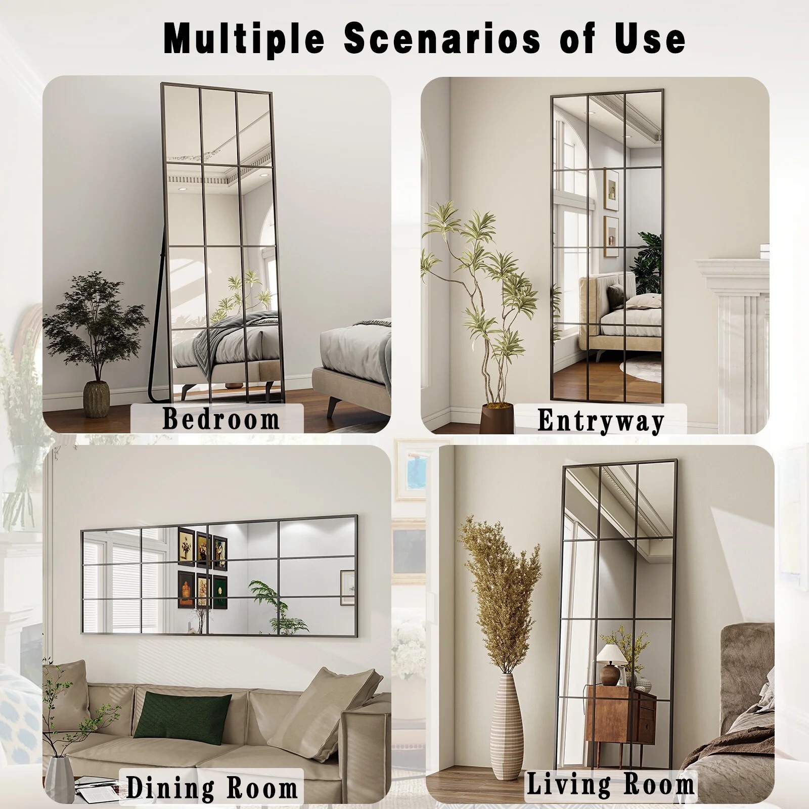 AUROMIR 69"x25" Windowpane Full Length Wall-Mounted Floor Mirror, Black