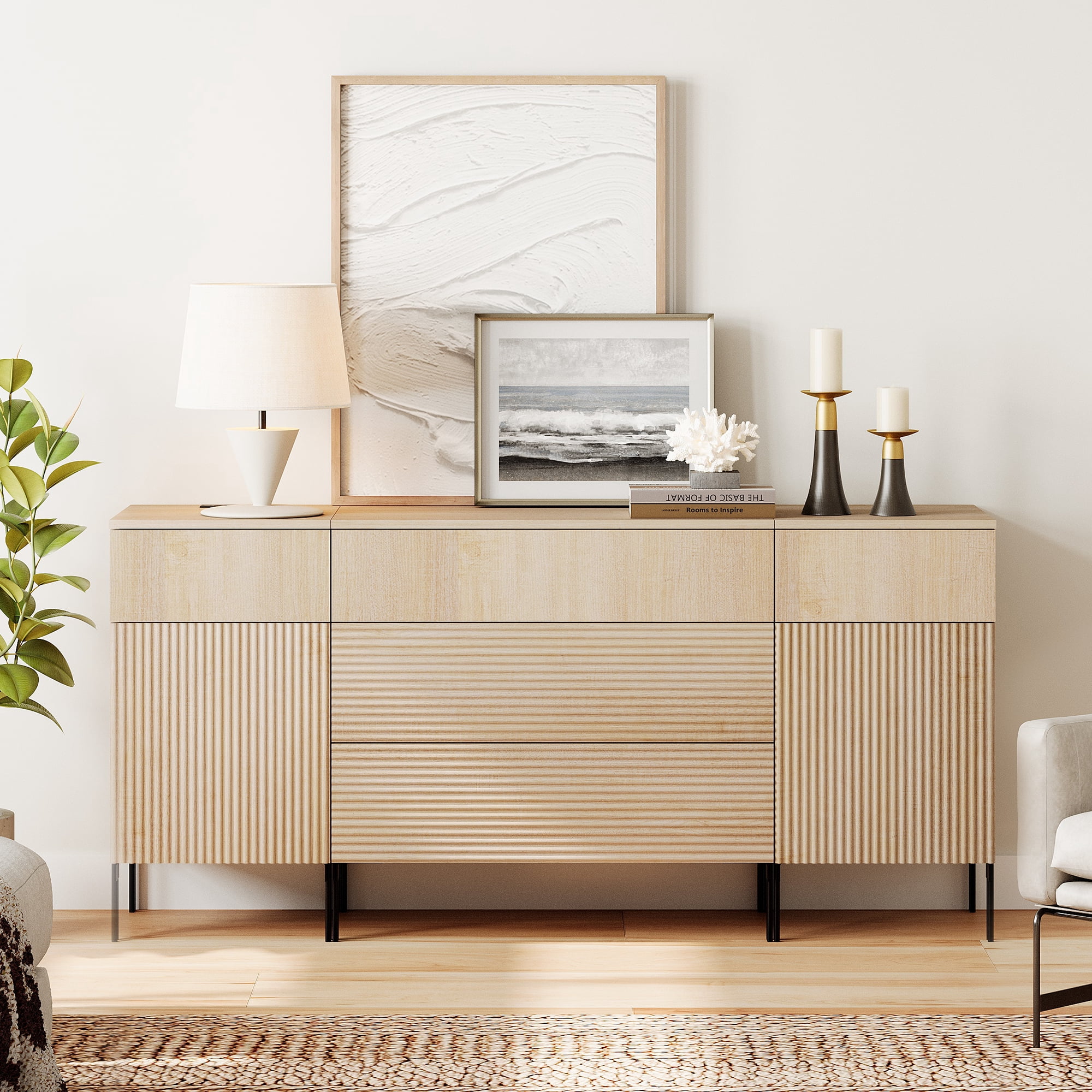 WAMPAT 63" 5 Drawer Dresser with Charging Station, Modern Fluted Wood Dresser with 2 Door Storage Cabinets, Push-to-Open Organizer for Bedroom, Living Room, Entryway