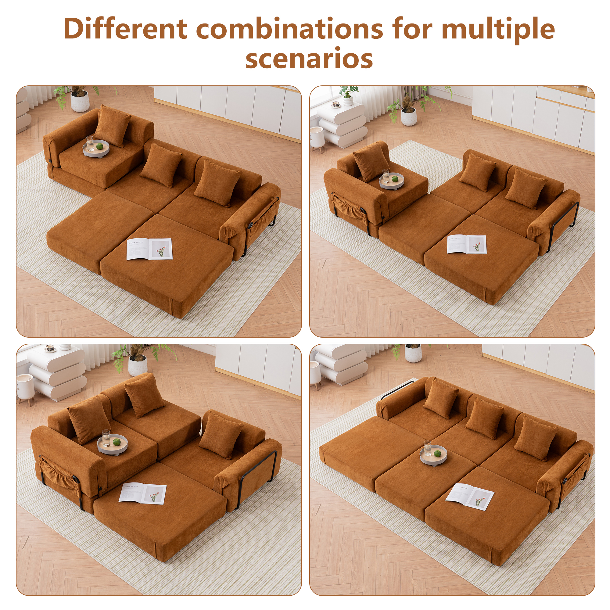 GNIXUU 98.81" Modern Modular Recliner Sofa, Convertible Sleeper Bed,Folding Mattress 3 Seater Couch with Fixed-Shape Frame ,Comfy Lazy Boneless Couches for Living Room Bedroom Lounge,Orange