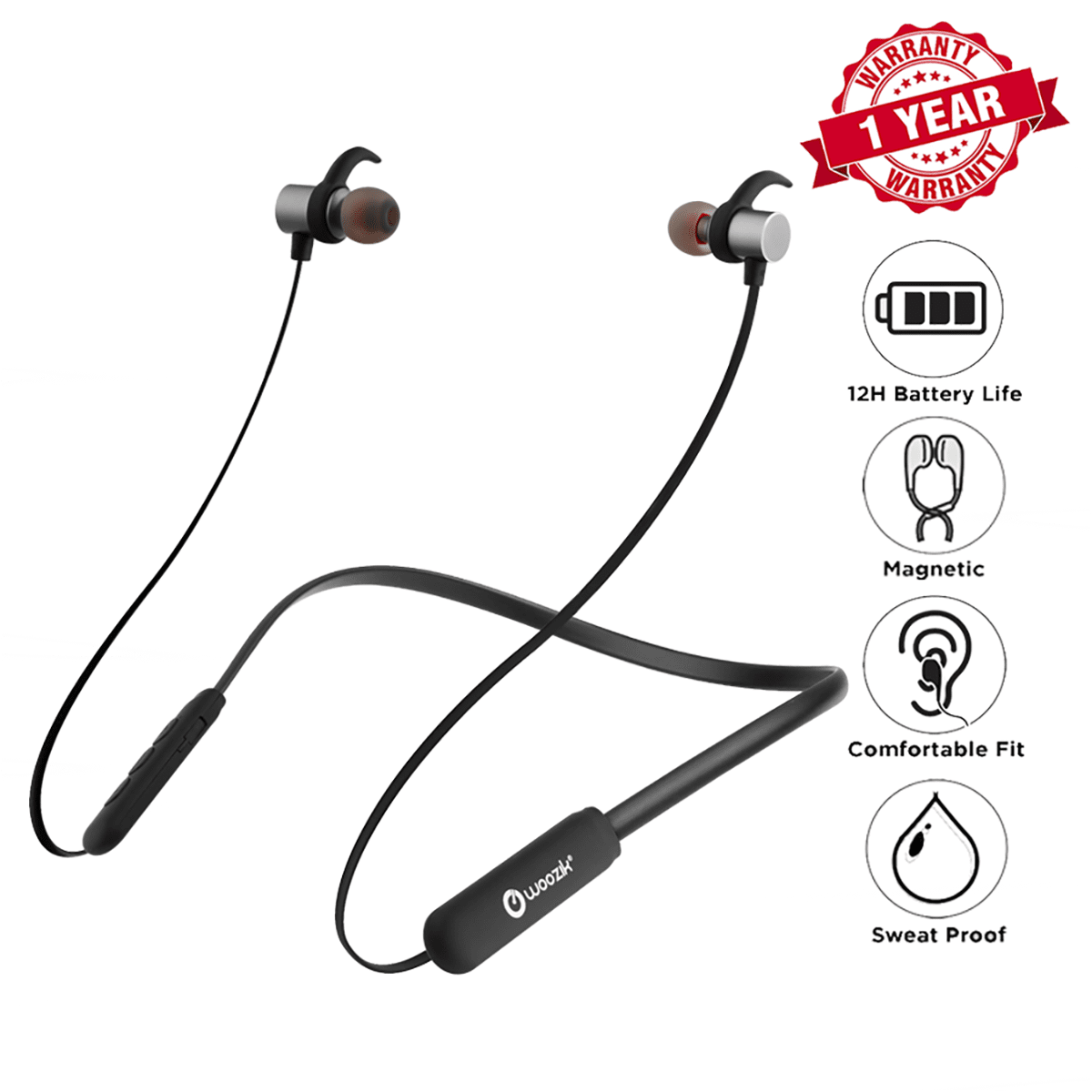 Woozik Flex Wireless Neckband Headphones, Wireless Earbuds, InEar