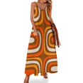 thumbnail image 1 of Vestido sin mangas marrón claro y naranja de estilo retro de los años 70 con estampado vertical abstracto de Confaab de mediados de siglo, 1 of 7
