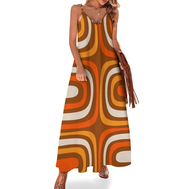 Vestido sin mangas marrón claro y naranja de estilo retro de los años 70 con estampado vertical abstracto de Confaab de mediados de siglo