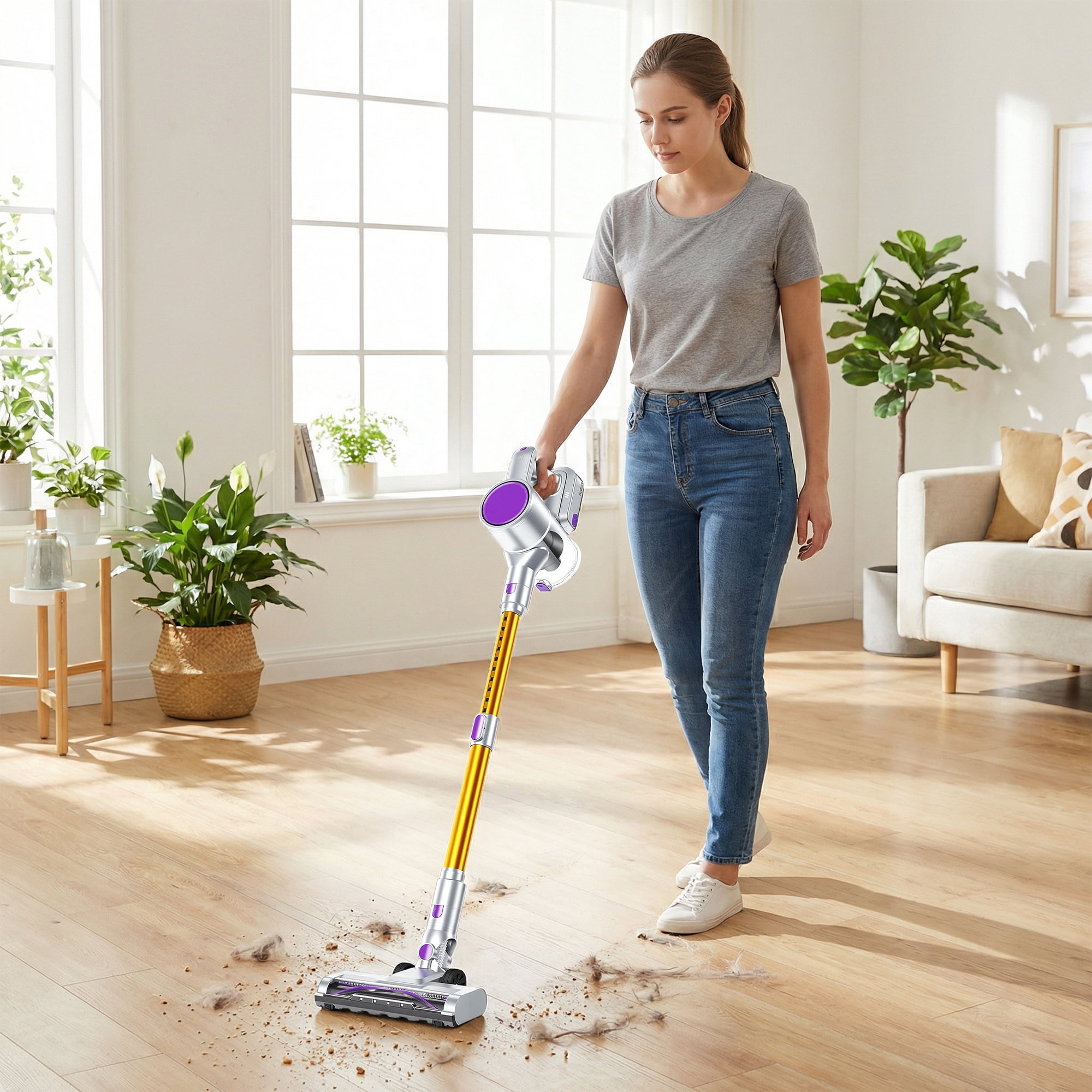 Atilioo Cordless Vacuum Cleaner for Home, Removable Handheld Lightweight Stick Vacuum with LED Headlights for Pet Hair, Hard Floor, Carpet, Yellow