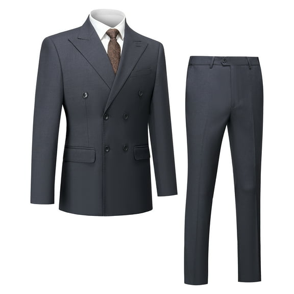 Mens 2 Piece Suit Slim Fit Double Breasted Dark gray Solid Color Peaked Lapel Tuxedo Blazer Pants for Prom with Tie