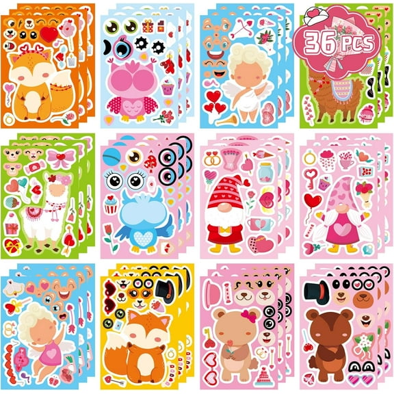 36 Sheets Valentine’s Day Make-a-Face Sticker, 12 Cute Designs Owl, Alpaca, Fox, Bear, Angel, Gnome, DIY Stickers for Kids Toddlers, Valentine Party Decorations, Gifts & Supplies
