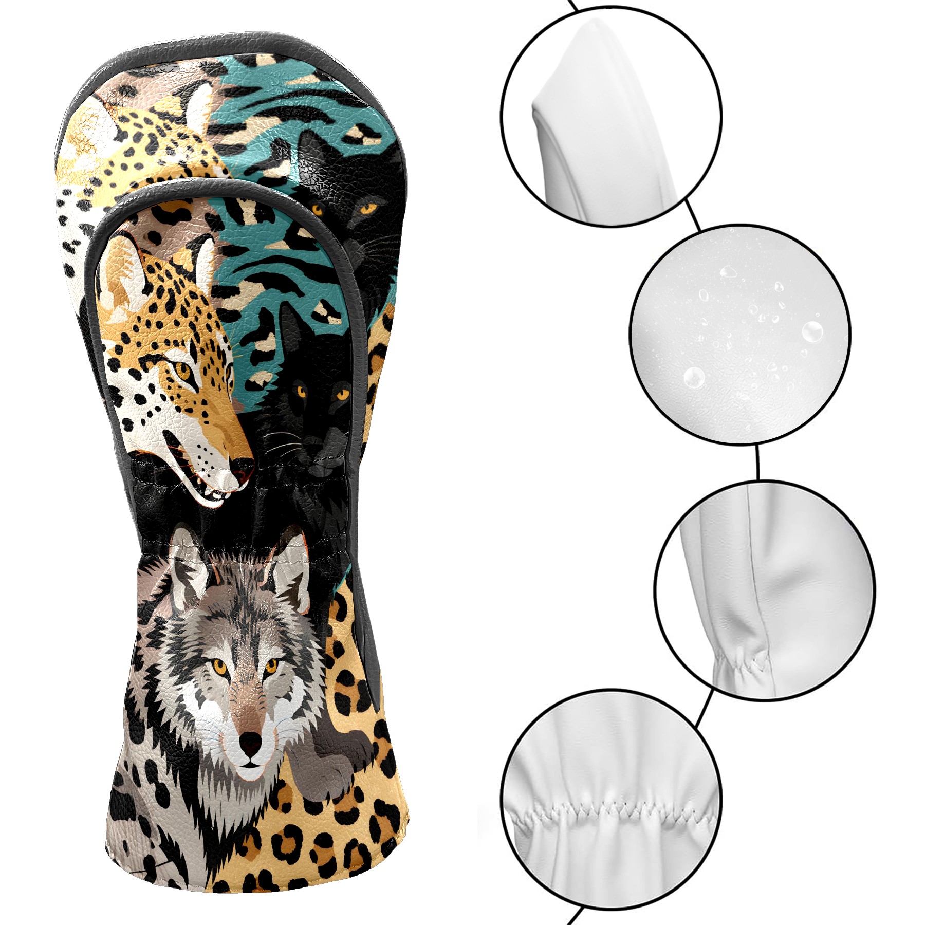 Golf Club Head Cover for Driver, Hybrid, Putter - Premium PU Leather, Waterproof, Scratch-Resistant, Velvet Lining, Unisex Gift (Wolf Leopard)