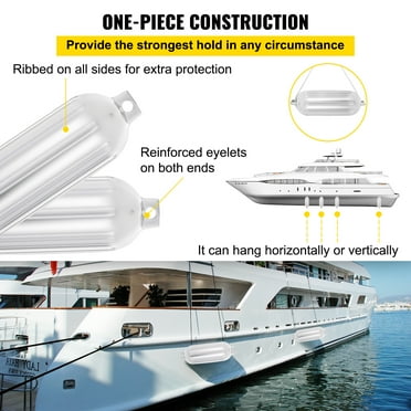 KFFKFF Ribbed Twin Eyes Boat Fender Pack of 4 and Pump to Inflate (White, 8.5 x 27 inches)