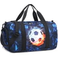 thumbnail image 1 of Bolsa de lona para niños y niñas, viajes nocturnos, deporte, gimnasio, fin de semana, bolsa de hombro con compartimento para zapatos y bolsillo húmedo (fútbol negro y azul), 1 of 9