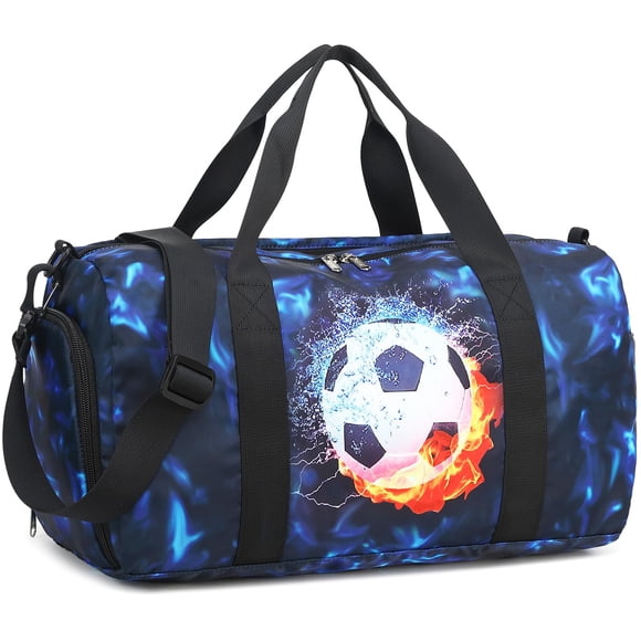 Bolsa de lona para niños y niñas, viajes nocturnos, deporte, gimnasio, fin de semana, bolsa de hombro con compartimento para zapatos y bolsillo húmedo (fútbol negro y azul)