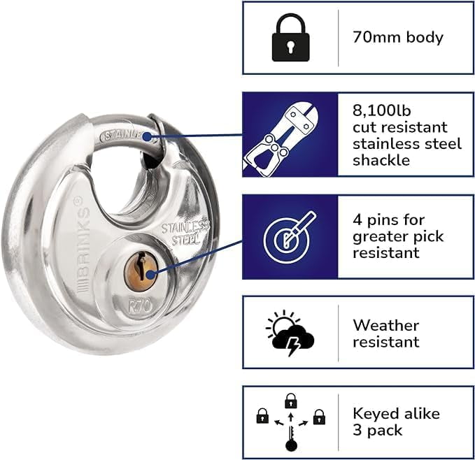Brinks Commercial Stainless Steel 70mm Keyed Discus Padlock with 5/8in Shackle