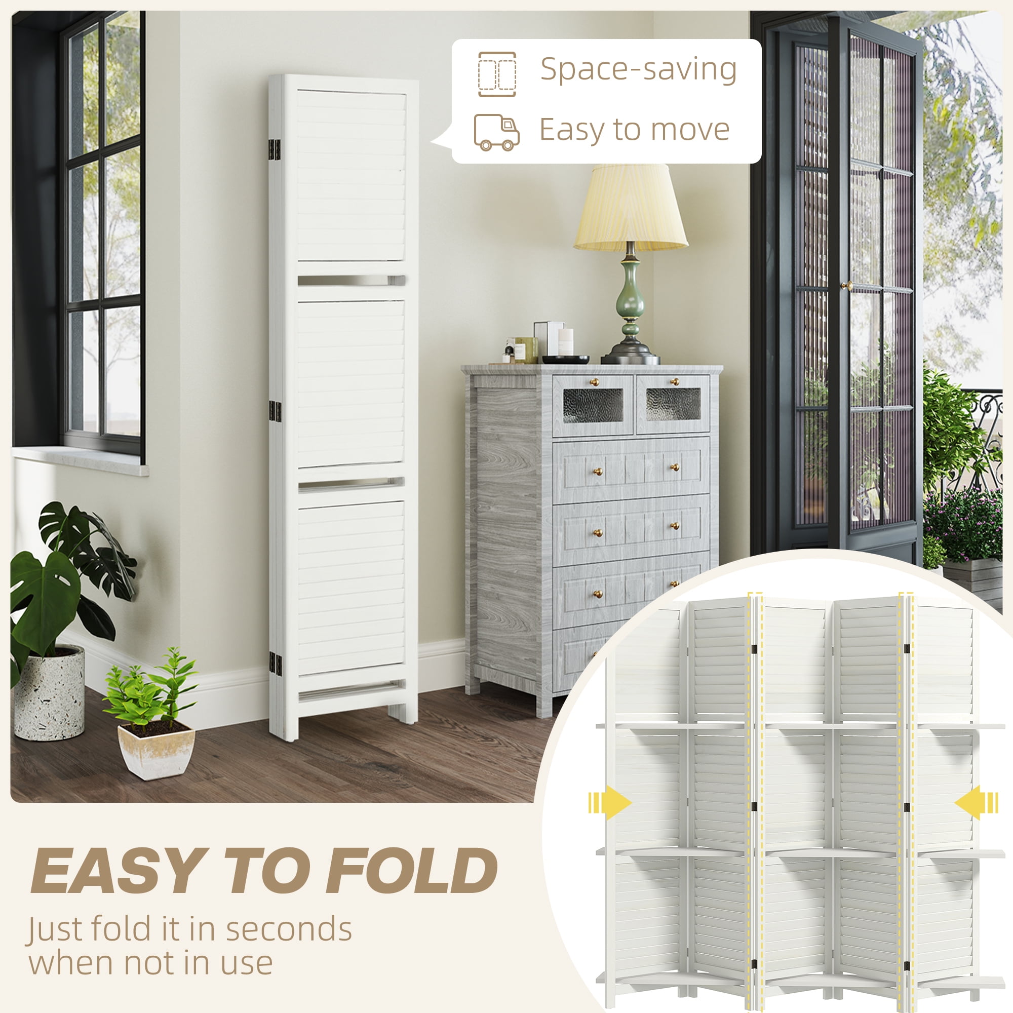 HOMCOM 5 Panel 67" Tall Wood Privacy Screen Room Divider with 3 Display Shelves, and Folding Storage for Bedroom or Home Office, White