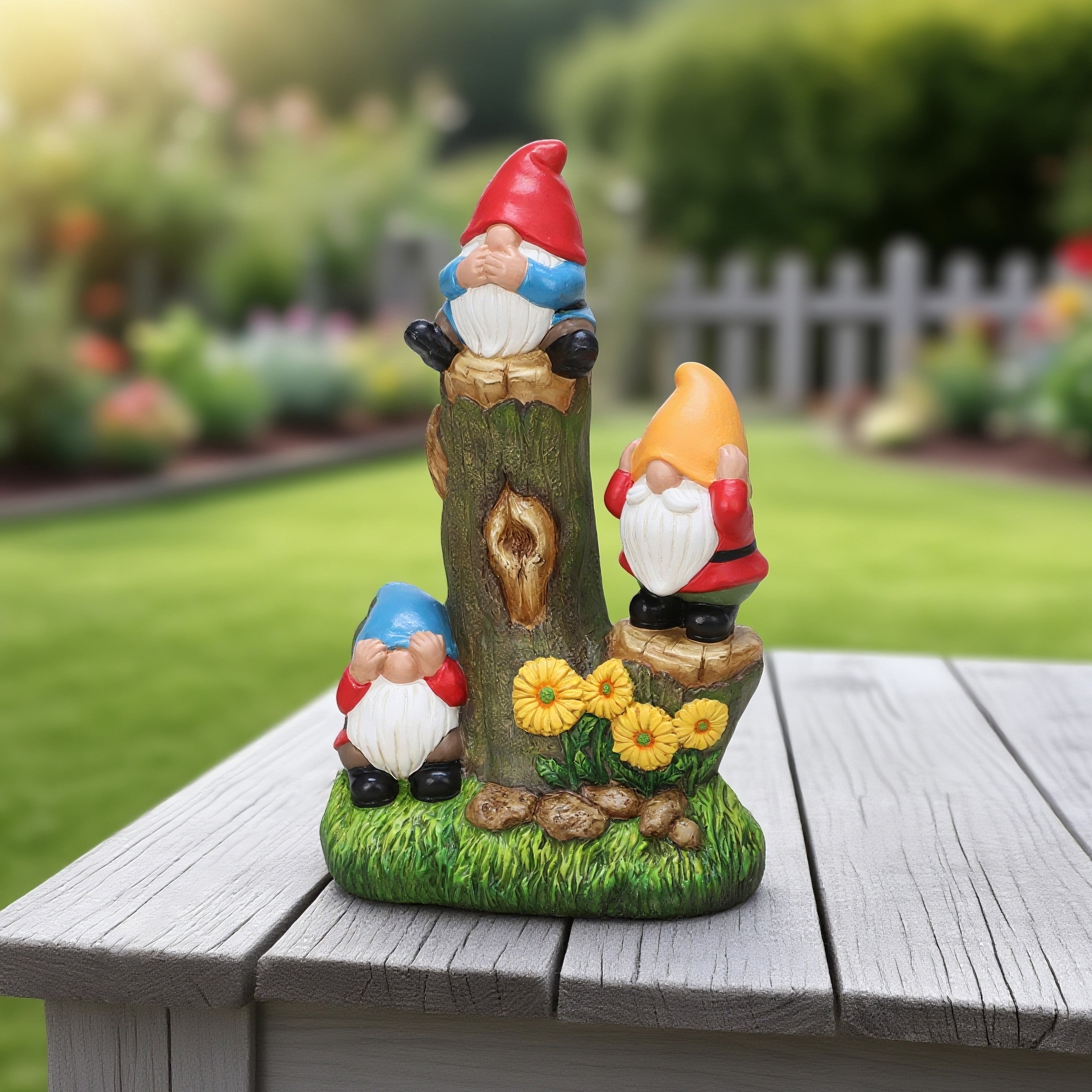 Mainstays Outdoor Three Gnomes on Log Statue 7.5 in L x 4.8 in W x 12.3 in H