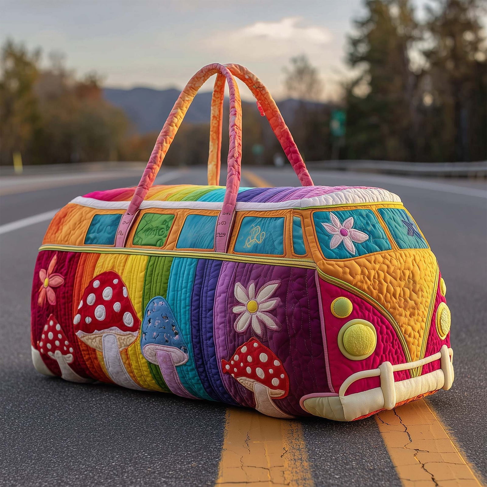 Quilted Hippie Van Duffle Bag with Adjustable Strap, Medium 18-inch Bohemian Weekender Bag for Travel, Durable Polyester Quilted Carryall for Gym Yoga Dance,A