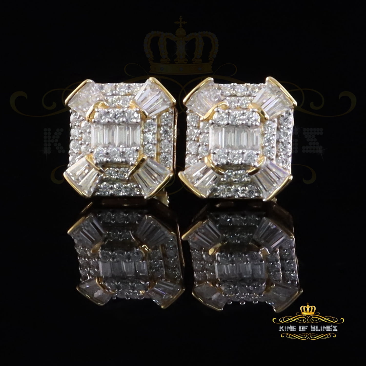 King of Bling's 925 Yellow Silver 1.25ct VVS 'D' Moissanite Rectangle Stud Earring Men's/Womens