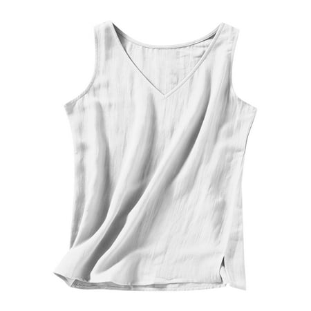 Linen Tank Tops For Women 2026 Summer Causal Sleeveless Fitted V Neck Side Slit Gauze Shirts Beach Vacation Outfits