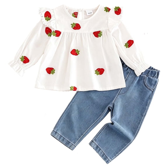 Mnyotv Toddler Baby Girl Clothes Fall Winter Outfits Strawberry Printed Ruffle Tops and Jeans Pants with Pockets Size 6-9 Months