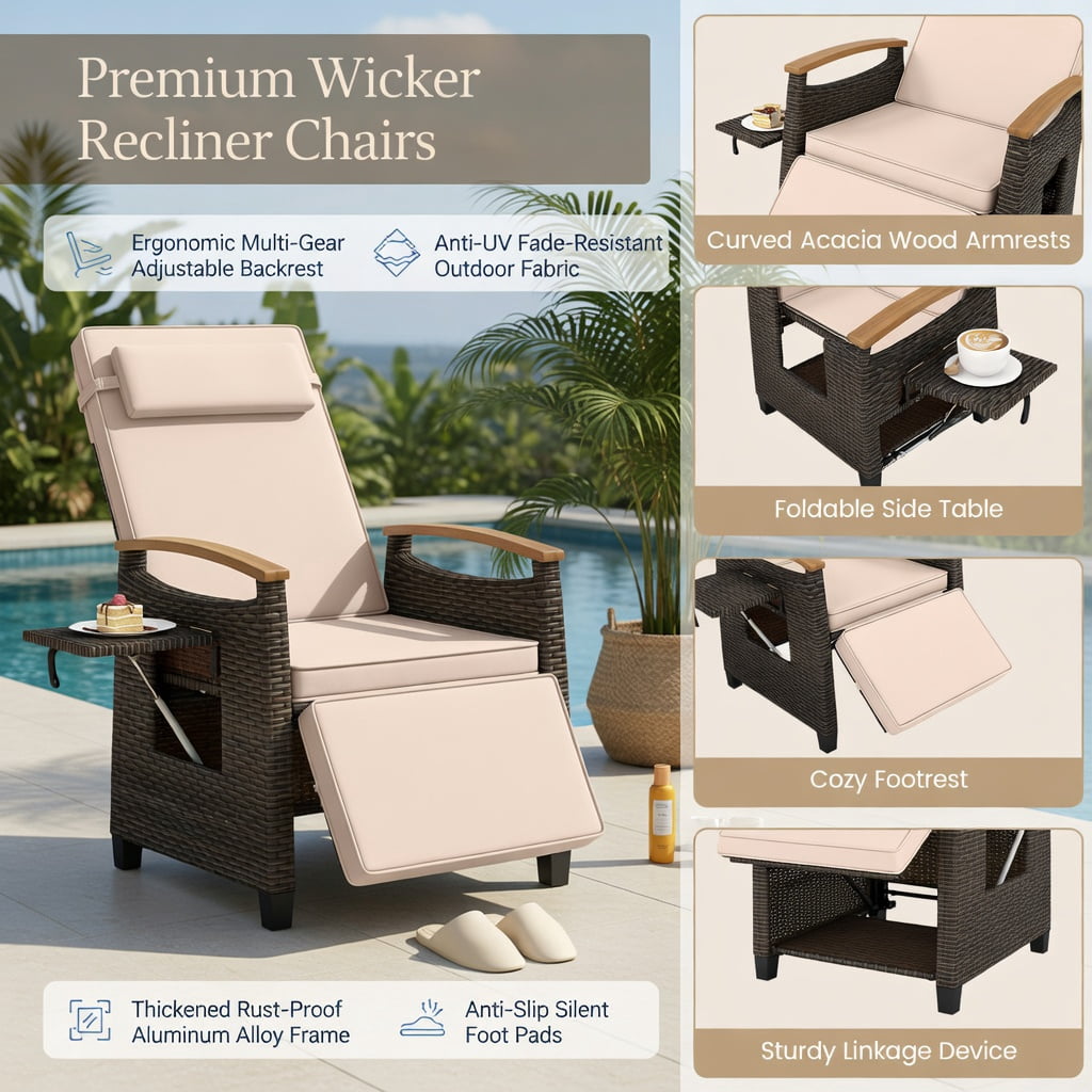 Hommoo Adjustable Wicker Recliner Chair with Footrest & Side Table, PE Rattan Outdoor Patio Lounge Chair, Brown