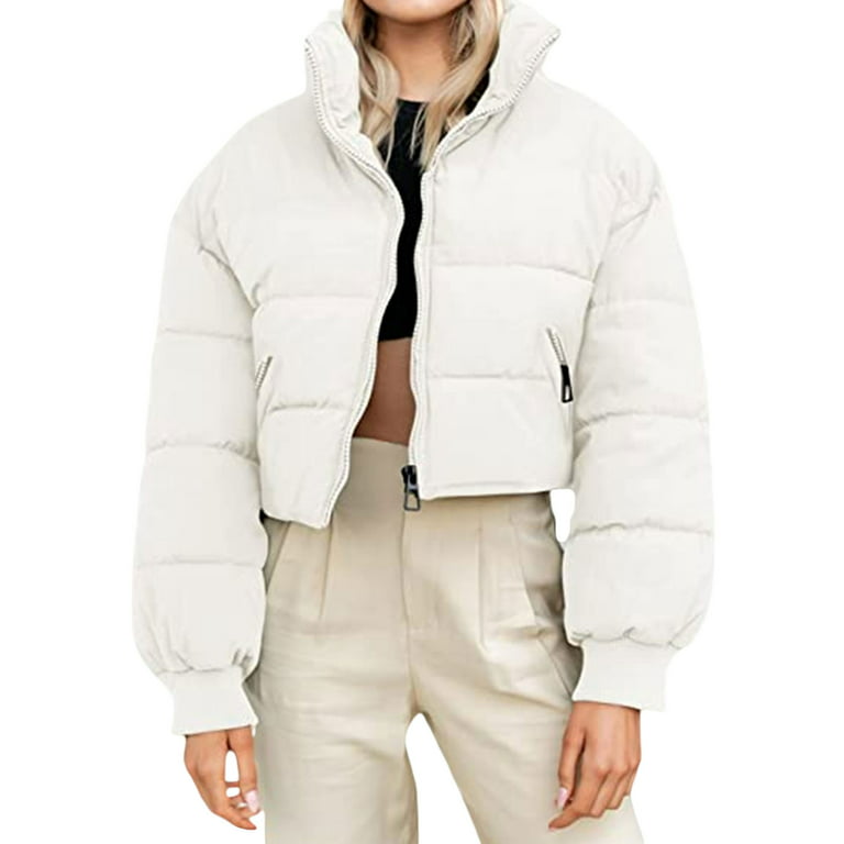 HUIJZG Women's Winter Cropped Puffer Jacket Oversized Stand Collar